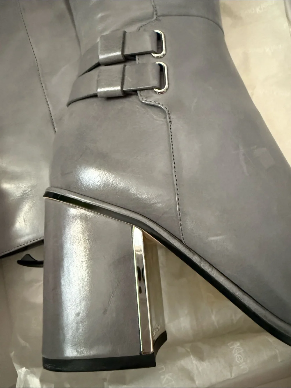 Calvin Klein Gray Leather Knee-High Block Heel Boots